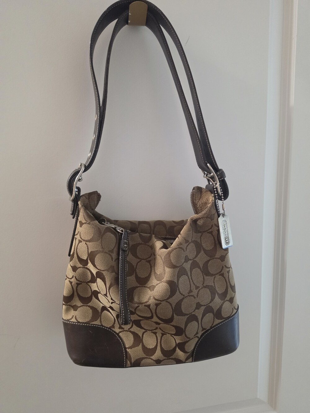 VINTAGE Coach Brown Signature Canvas Shoulder Bag with Dark Brown Trim